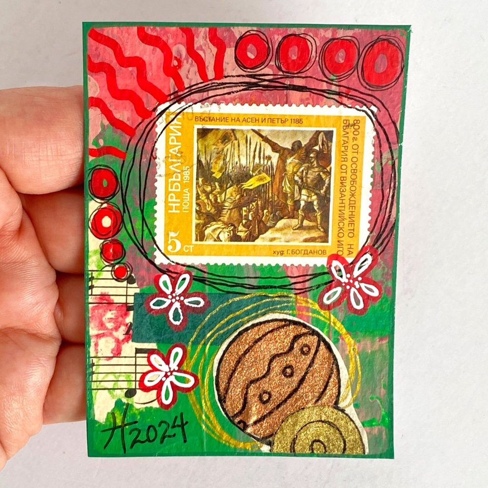 ACEO Original Collage Painting Vintage 80s International Postage Stamp Art ATC